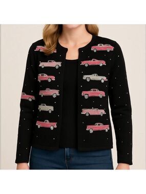 Vintage Michael Simon cardigan beaded pink Cadillacs black sweater size small